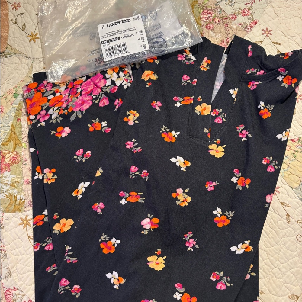 Lands' End Black Pants with Colorful Floral Design New
